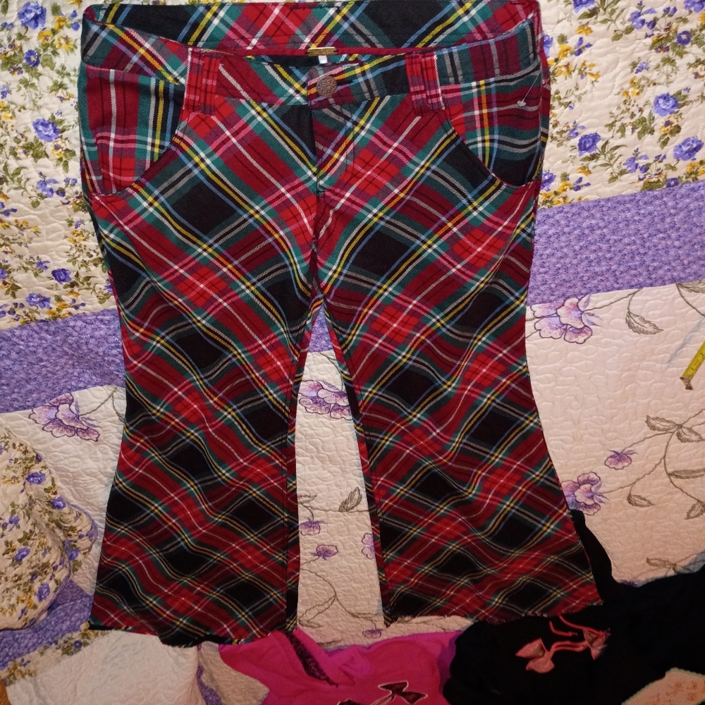 Free People Retro Boho Hippie Trousers Sailor Style Wide Leg Pants Plaid 26 6